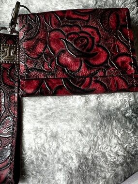 T Bar Embossed Red Floral Leather Wristlet Wallet NWT